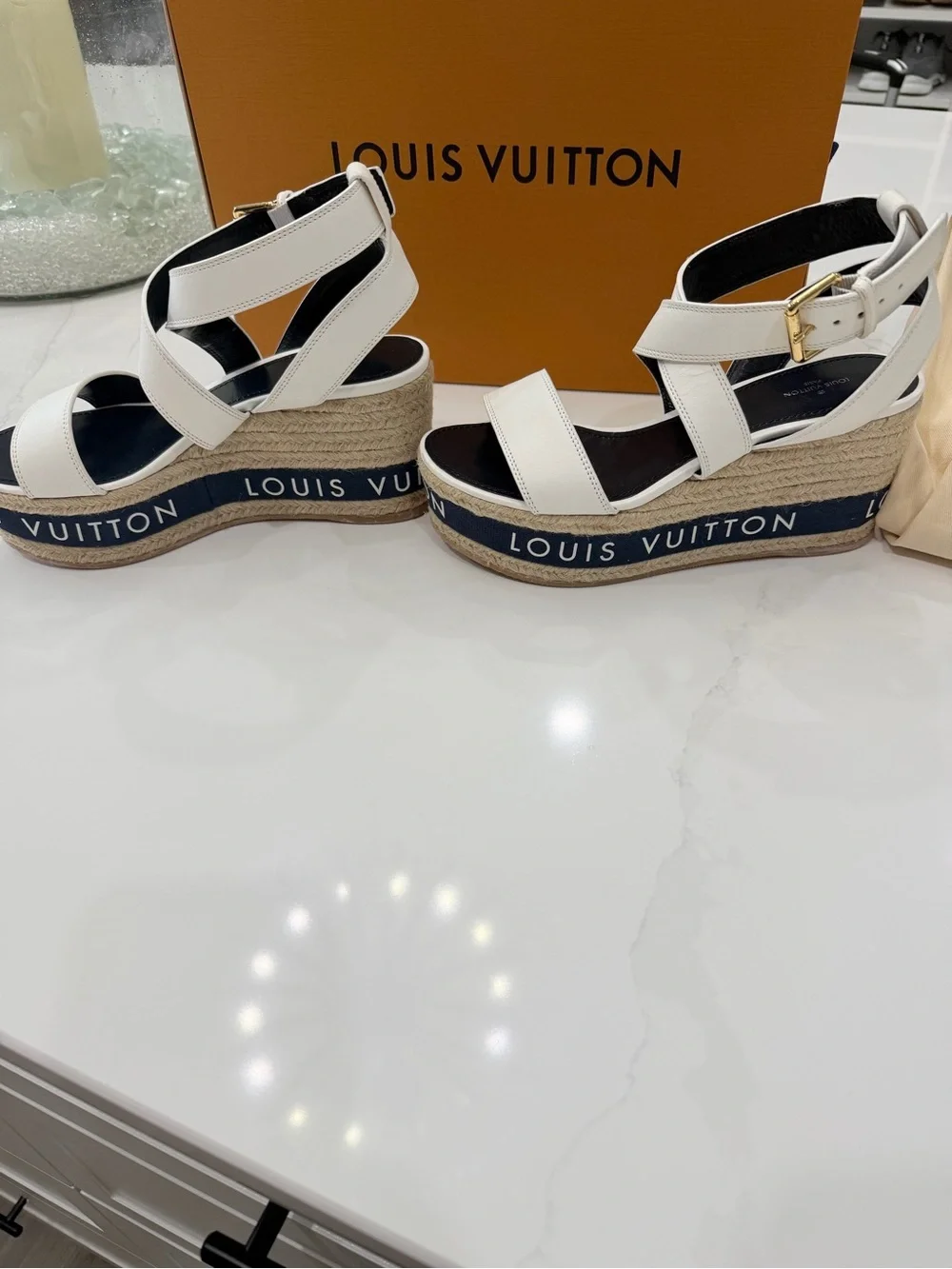 Louis Vuitton White Leather Espadrille Platform Wedges